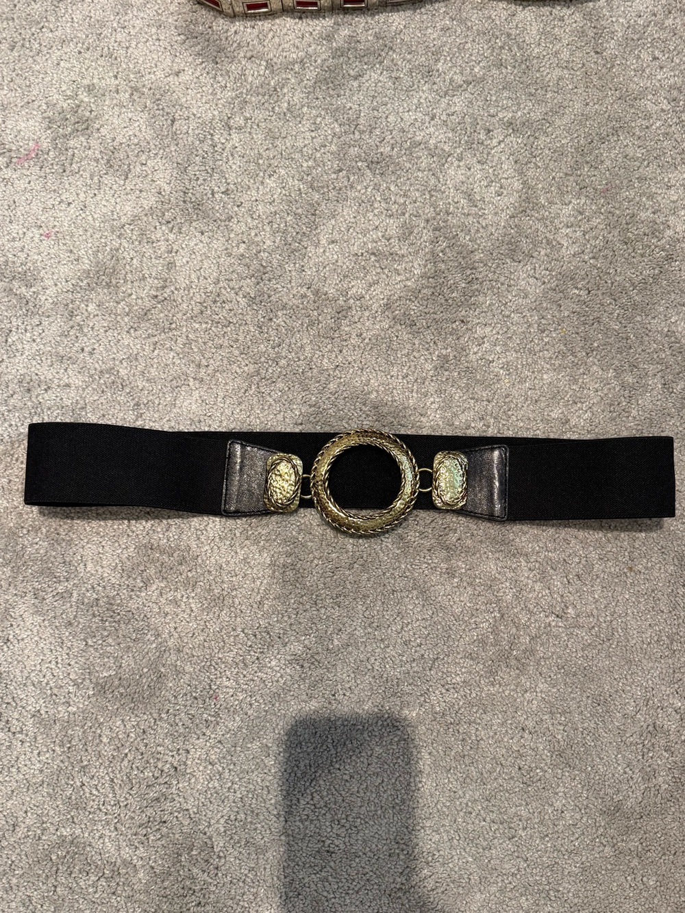 Chicos Black Elastic Waist Belt with Gold Rope Ring Accents